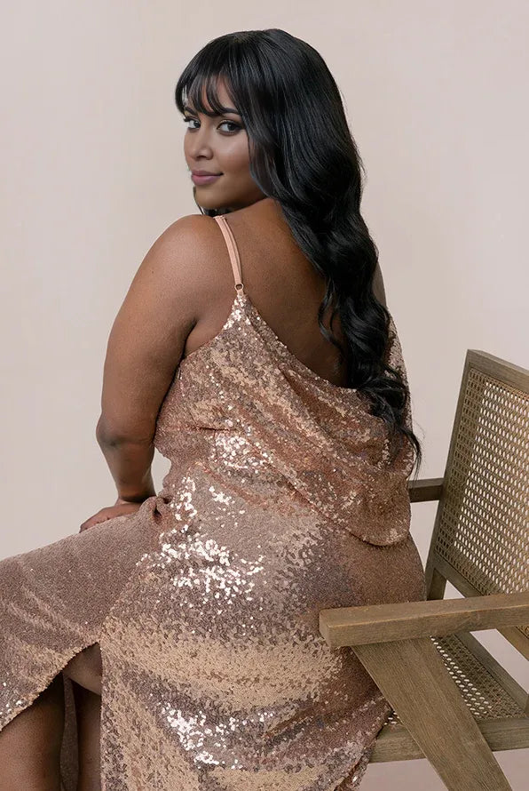 Sparkle Fitted Cowl Neck Sleeveless Floor-Length Plus Size Prom Dress
