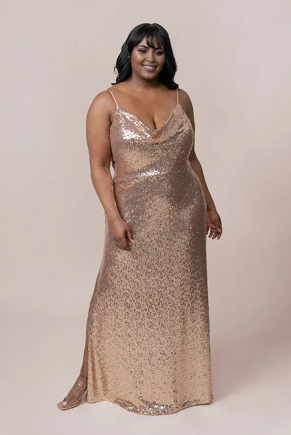 Sparkle Fitted Cowl Neck Sleeveless Floor-Length Plus Size Prom Dress