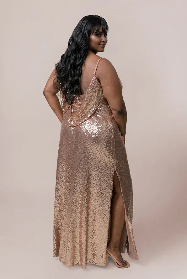 Sparkle Fitted Cowl Neck Sleeveless Floor-Length Plus Size Prom Dress