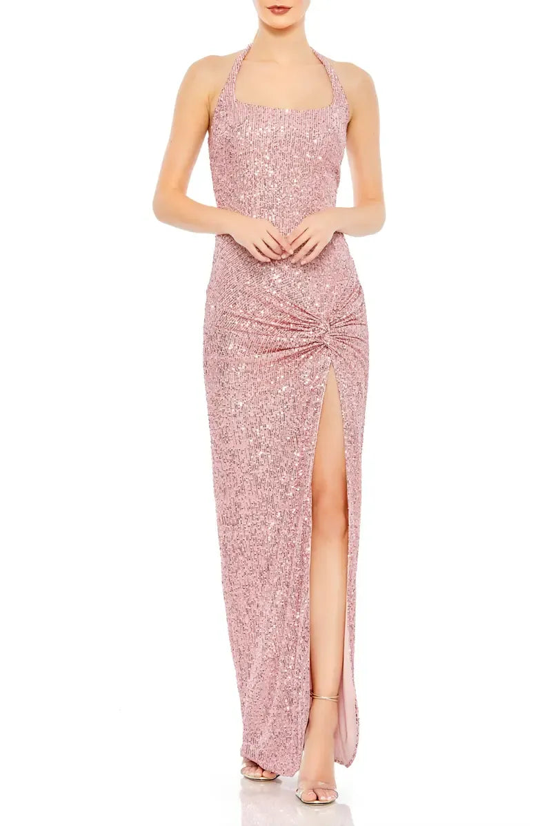 Sparkle Fitted Halter Neck Sleeveless Floor-Length Prom Dress