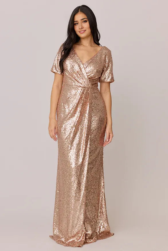 Sparkle Fitted V Neck Short Sleeve Floor-Length Prom Dress