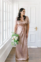 Sparkle Fitted V Neck Short Sleeve Floor-Length Plus Size Prom Dress