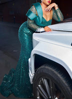 Sparkle Mermaid Illusion Neck Long Sleeves Sequins Sweep Train Plus Size Prom Dress