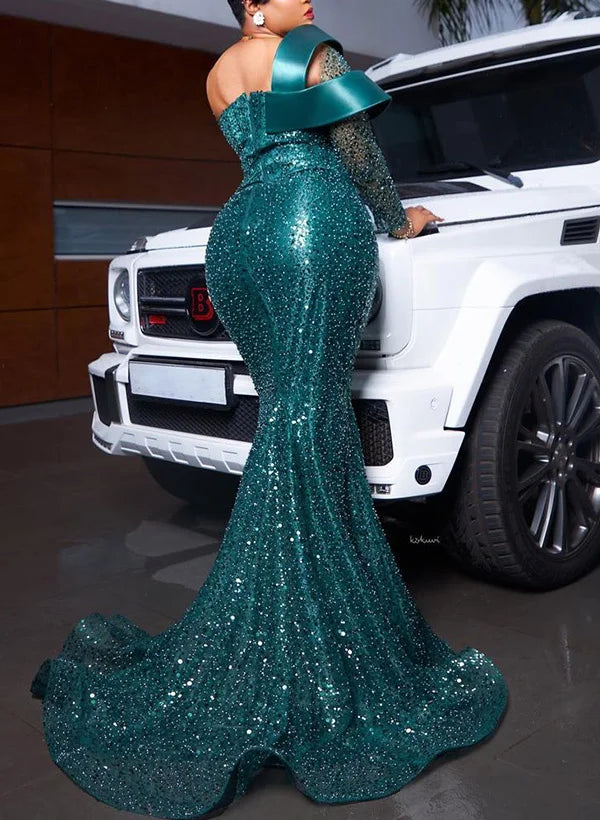 Sparkle Mermaid Illusion Neck Long Sleeves Sequins Sweep Train Plus Size Prom Dress
