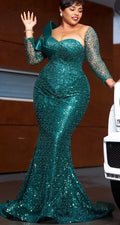 Sparkle Mermaid Illusion Neck Long Sleeves Sequins Sweep Train Plus Size Prom Dress
