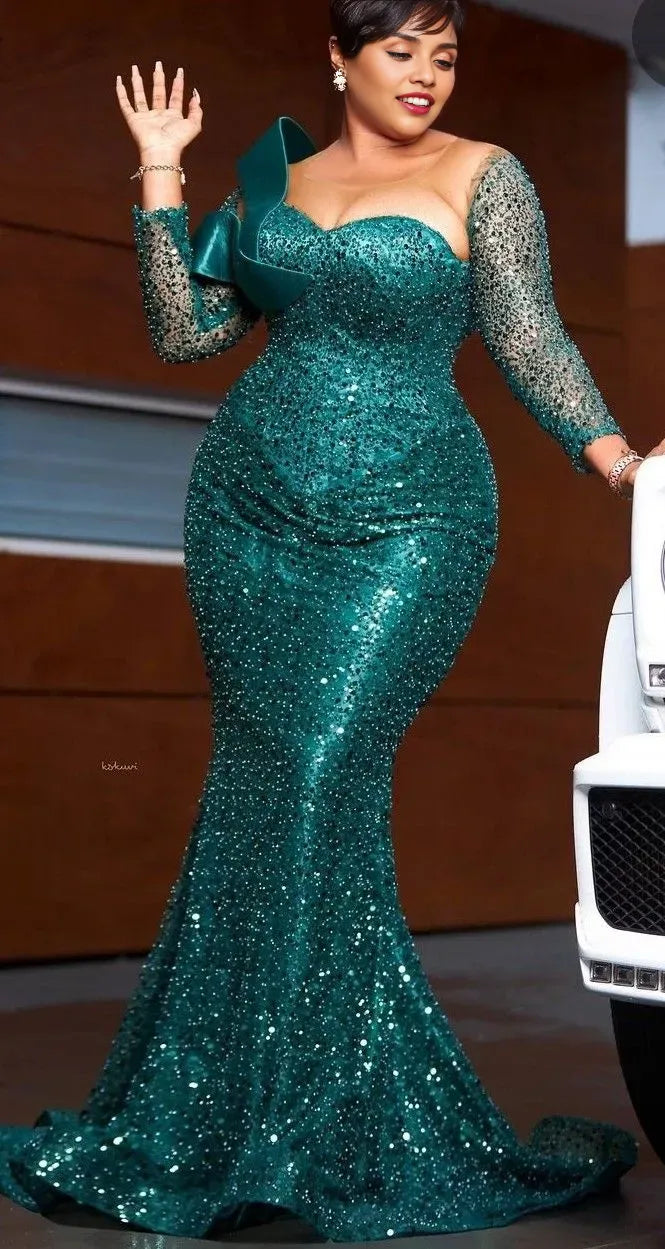 Sparkle Mermaid Illusion Neck Long Sleeves Sequins Sweep Train Plus Size Prom Dress