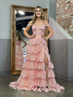 Sparkle Off-the-Shoulder Sleeveless A-Line Ruffles Long Prom Dress