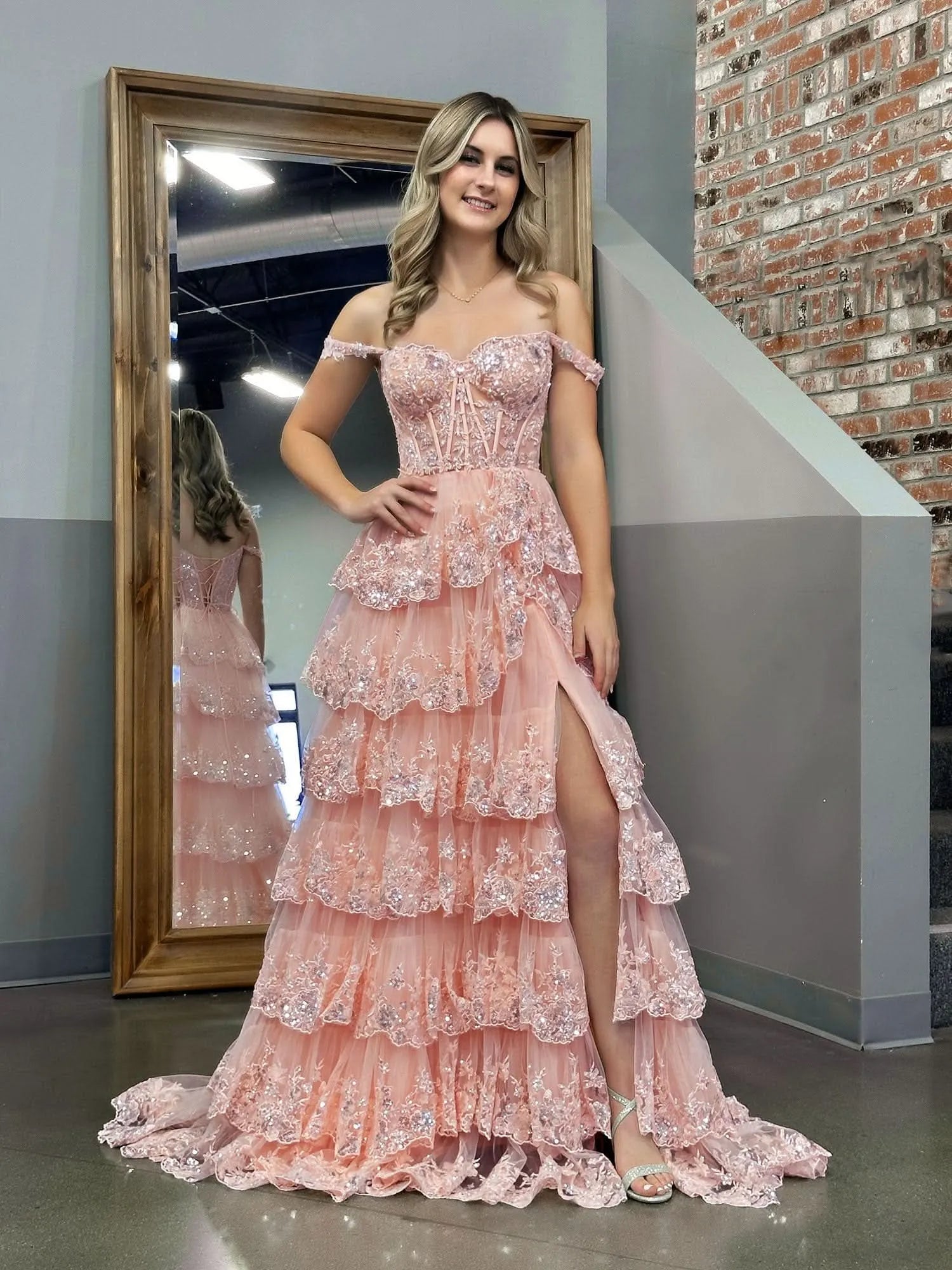 Sparkle Off-the-Shoulder Sleeveless A-Line Ruffles Long Prom Dress