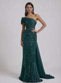Sparkle One-Shoulder Sleeveless Sheath Ruched Sweep Train Evening Dress