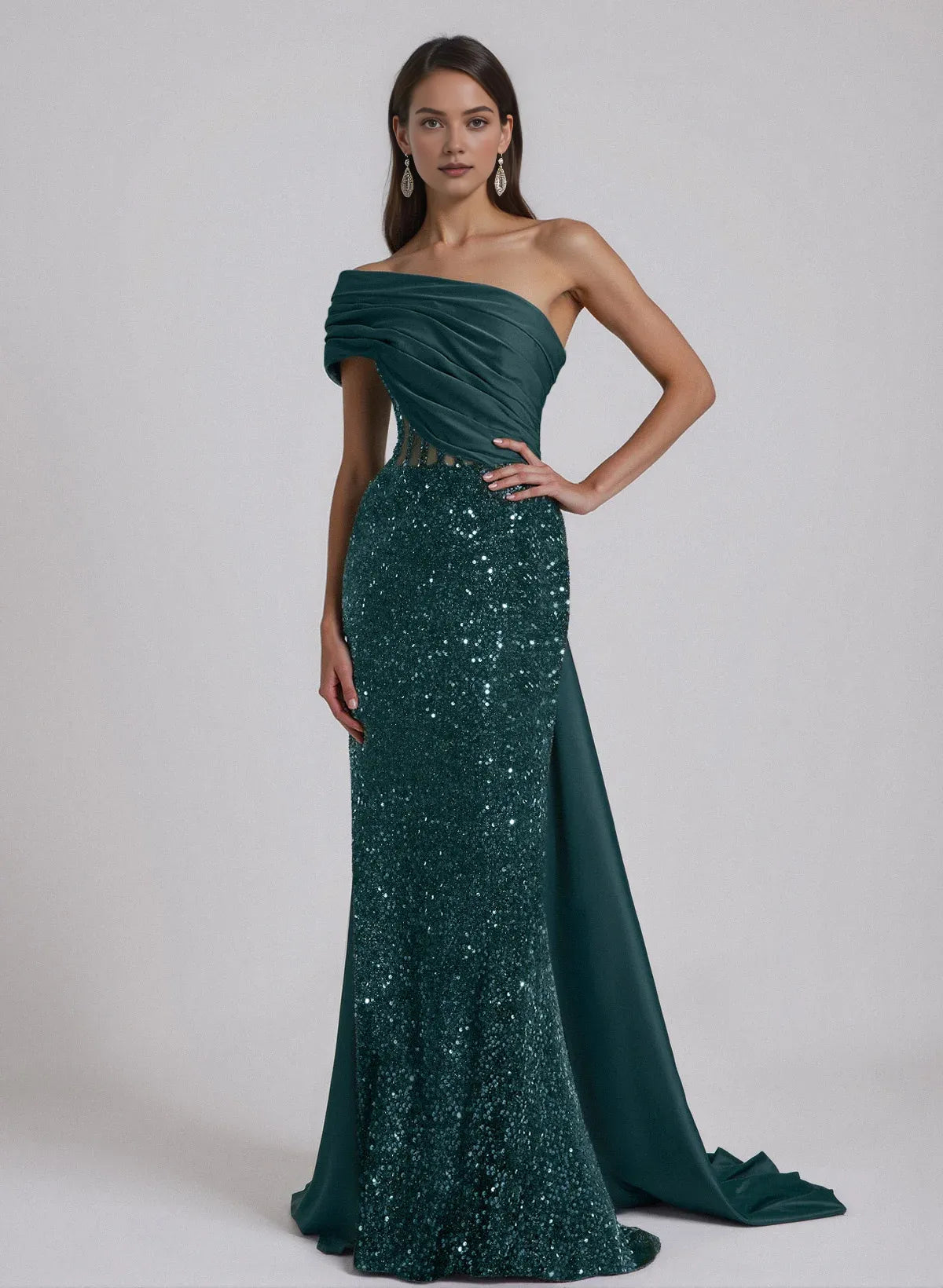 Sparkle One-Shoulder Sleeveless Sheath Ruched Sweep Train Evening Dress