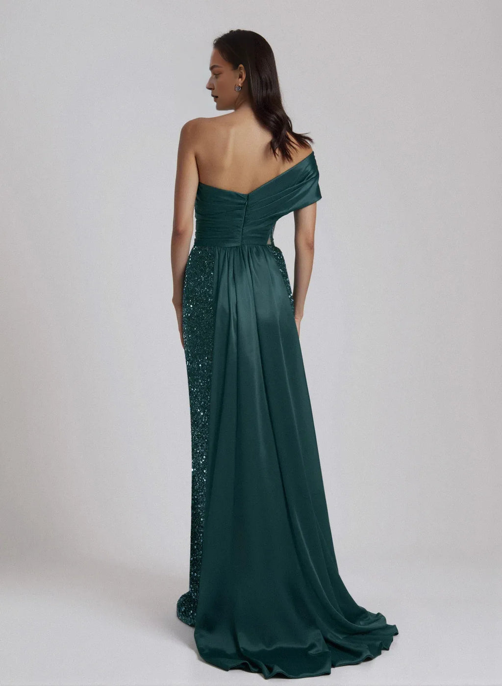 Sparkle One-Shoulder Sleeveless Sheath Ruched Sweep Train Evening Dress