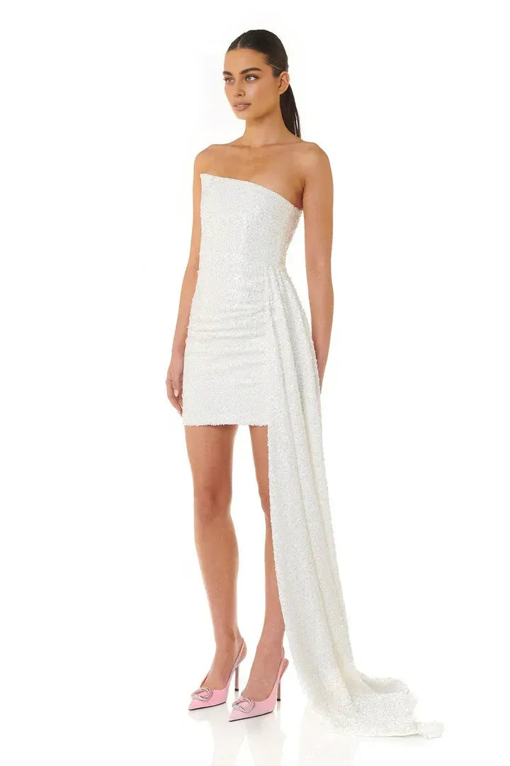 Sparkle Sheath/Column Off the Shoulder Sleeveless Sequins Short-Mini Wedding Dress