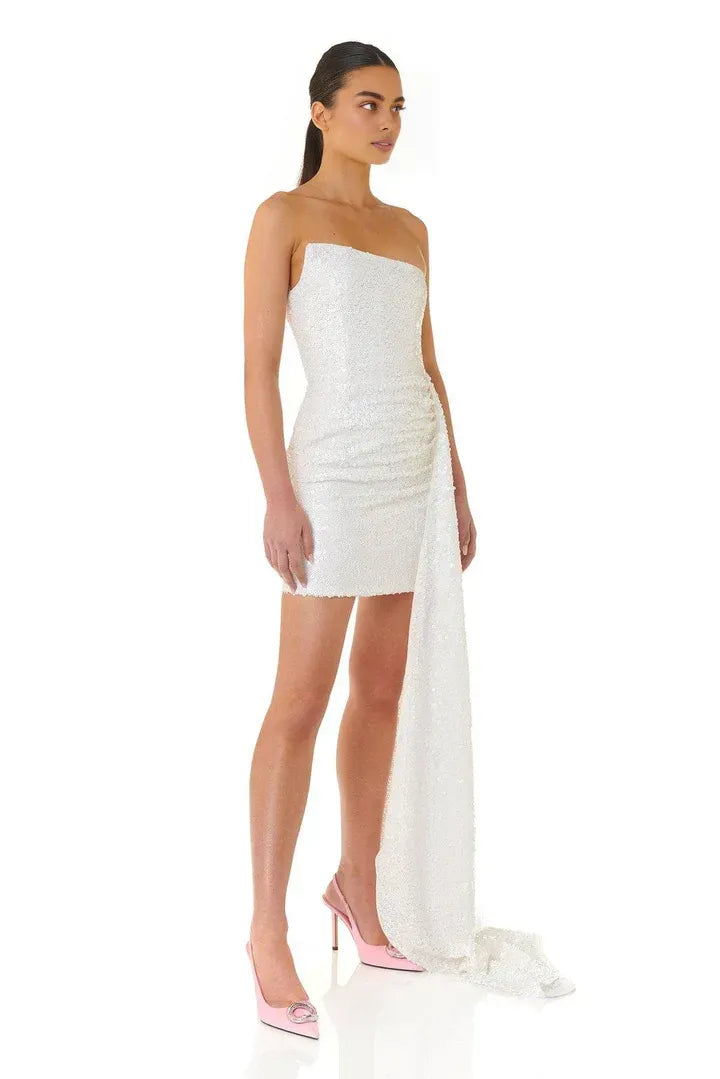 Sparkle Sheath/Column Off the Shoulder Sleeveless Sequins Short-Mini Wedding Dress