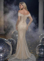 Sparkle Sheath Off-The-Shoulder Long Sleeves Sequins Pleated Sweep Train Prom Dress