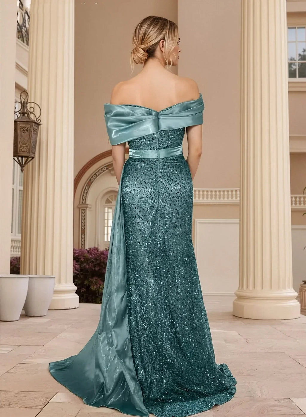 Sparkle Sheath Off the Shoulder Sleeveless Split Sweep Train Prom Dress