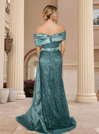 Sparkle Sheath Off the Shoulder Sleeveless Split Sweep Train Prom Dress