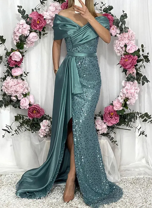 Sparkle Sheath Off the Shoulder Sleeveless Split Sweep Train Prom Dress