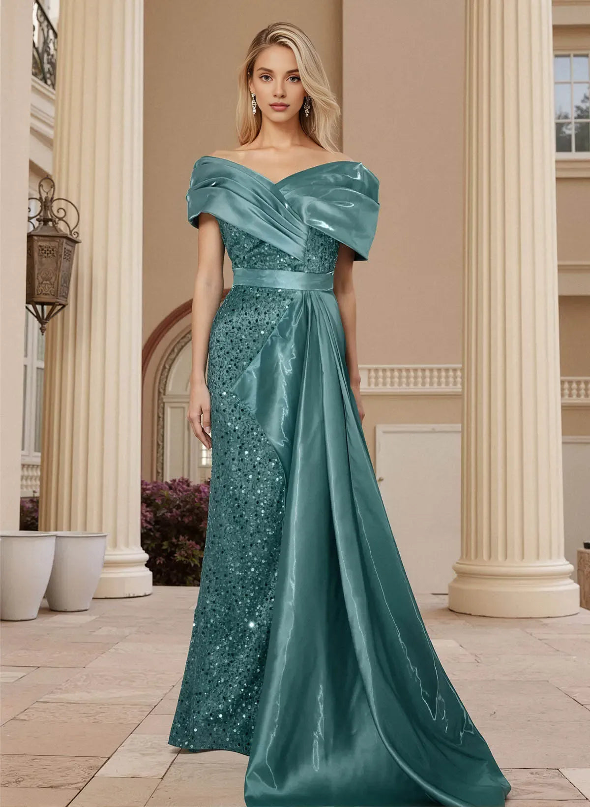 Sparkle Sheath Off the Shoulder Sleeveless Split Sweep Train Prom Dress