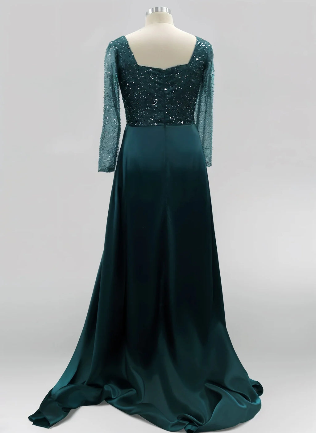 Sparkle Sheath Square Neck Long Sleeves Sequins Pleated Sweep Train Prom Dress