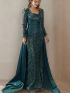 Sparkle Sheath Square Neck Long Sleeves Sequins Pleated Sweep Train Prom Dress