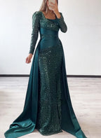 Sparkle Sheath Square Neck Long Sleeves Sequins Pleated Sweep Train Prom Dress