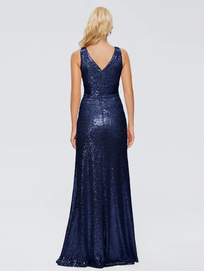Sparkle Sheath V Neck Sleeveless Pleated Sequins Floor Length Bridesmaid Dress