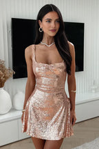 Sparkle A-Line Spaghetti Straps Sleeveless Sequins Backless Short-Mini Homecoming Dress