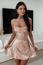 Sparkle A-Line Spaghetti Straps Sleeveless Sequins Backless Short-Mini Homecoming Dress