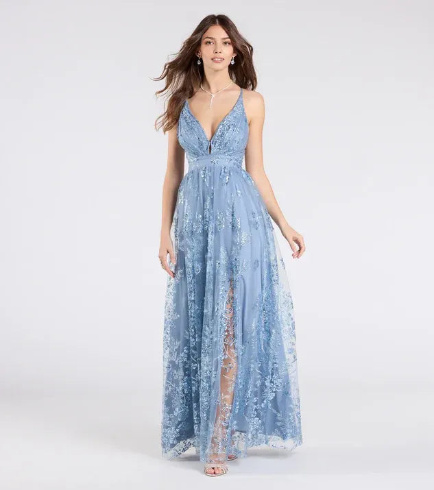 Sparkle & Shine A-Line V Neck Sleeveless Crisscross Back Floor-length Prom Dress