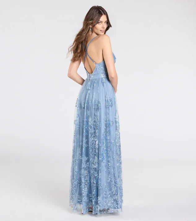Sparkle & Shine A-Line V Neck Sleeveless Crisscross Back Floor-length Prom Dress