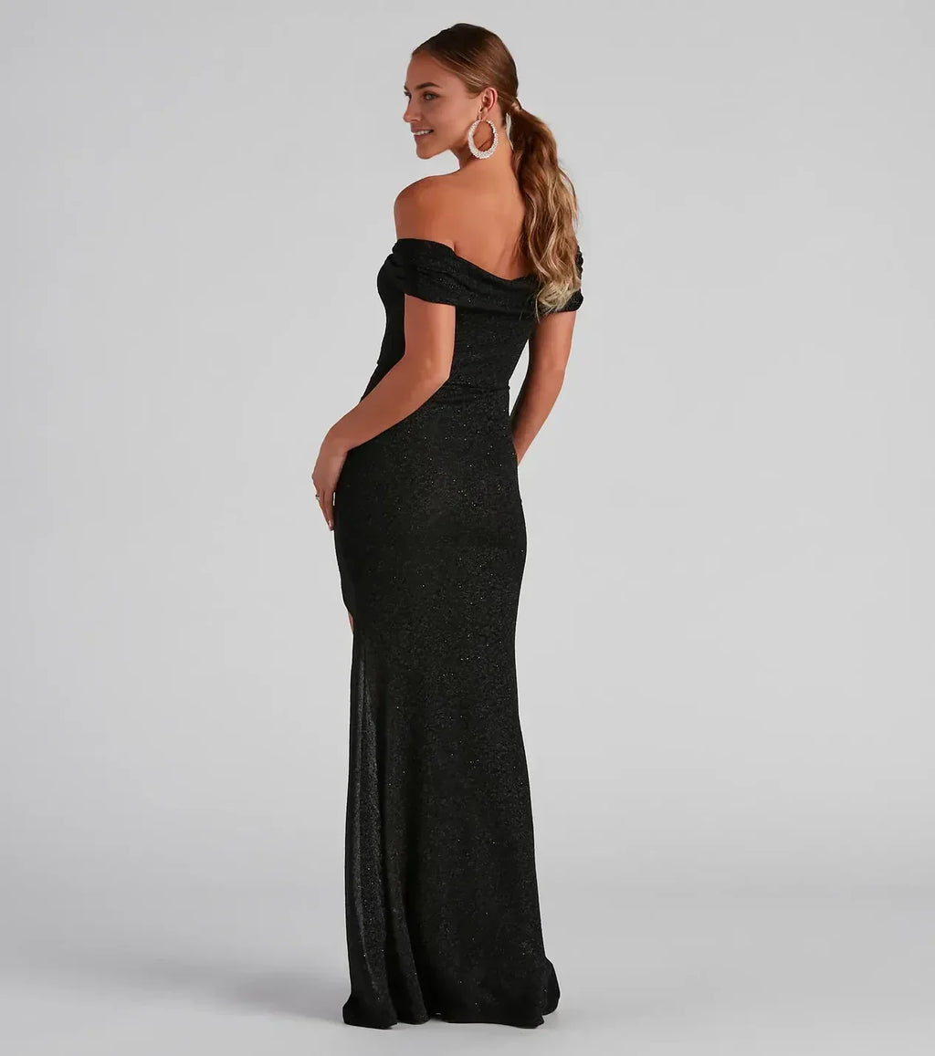 Sparkling Mermaid Off Shoulder Short Sleeve Zipper Back Floor Length Prom Dress