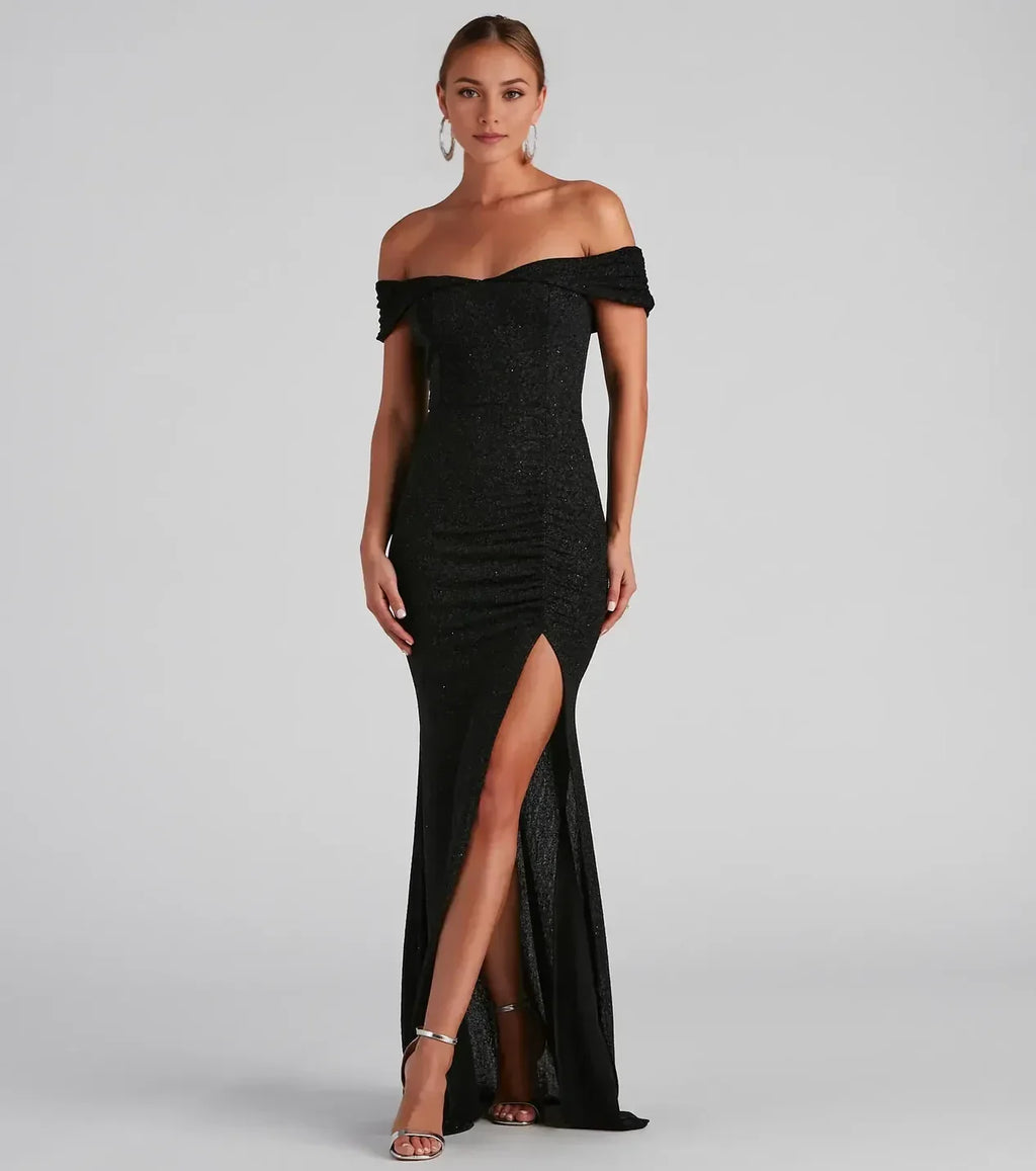 Sparkling Mermaid Off Shoulder Short Sleeve Zipper Back Floor Length Prom Dress