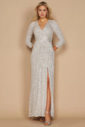 Sparkling Sheath V Neck Three Quarter Sleeve Sequin Embellished Floor Length Plus Size Evening Dress