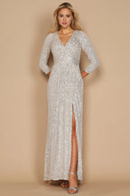 Sparkling Sheath V Neck Three Quarter Sleeve Sequin Embellished Floor Length Plus Size Evening Dress