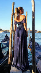 Navy Blue Sparkling A-Line Off-Shoulder Floor-Length Prom Dress With Slit
