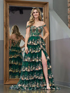 Sparkling Glitter Corset Sleeveless Princess Ruffles Long Prom Dress