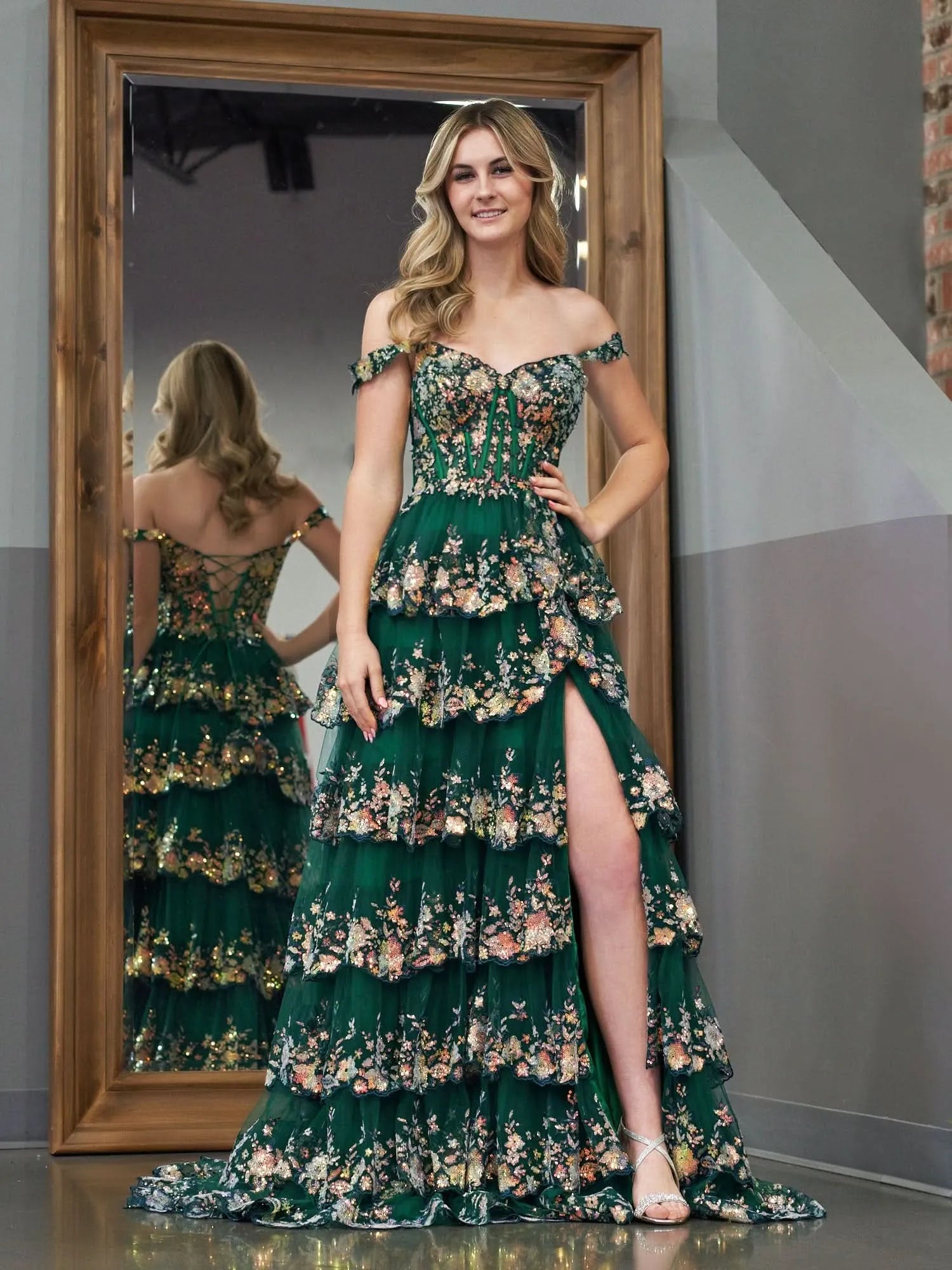 Sparkling Glitter Corset Sleeveless Princess Ruffles Long Prom Dress