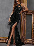 Glamorous Mermaid Prom Dress With Halter Neck Keyhole Sequin Bodice Black Floor Length With Slit For Prom Night
