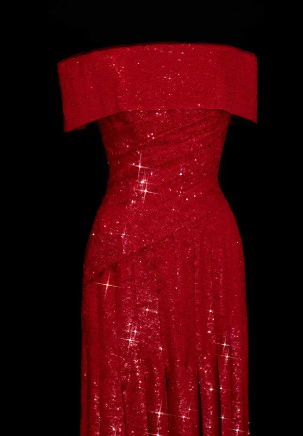 Sparkling Mermaid Prom Dress Off-Shoulder Ruched Sequin Red For Prom Queens And Party-Goers