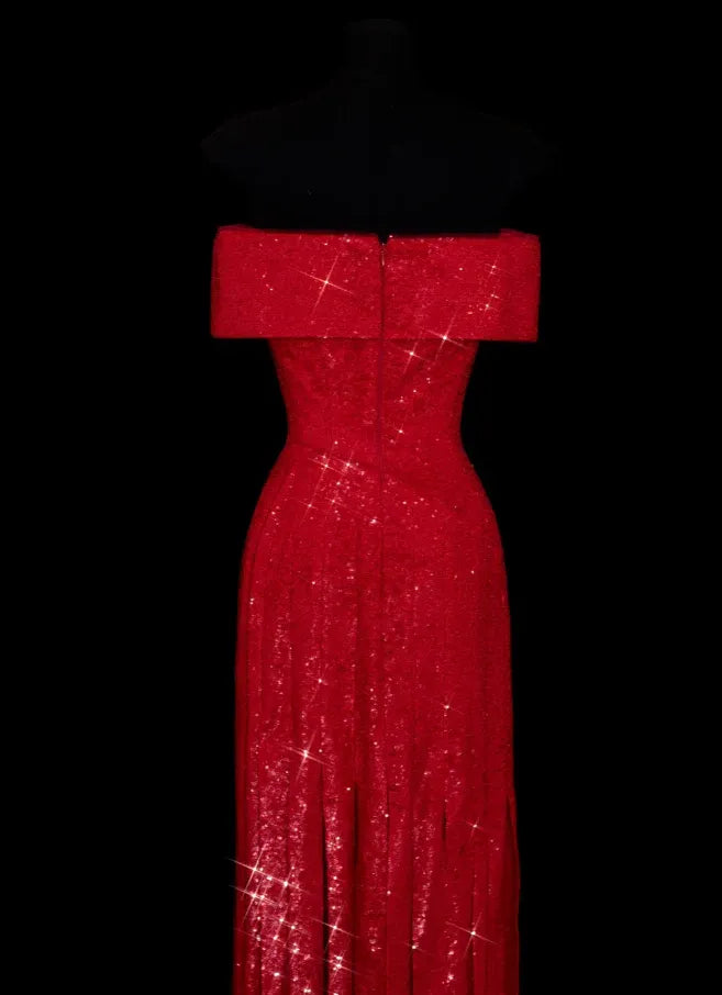 Sparkling Mermaid Prom Dress Off-Shoulder Ruched Sequin Red For Prom Queens And Party-Goers