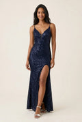 Navy Blue Sparkling Mermaid Spaghetti-Strap Beaded Slit Sequins Floor-Length Prom Dress