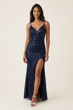 Navy Blue Sparkling Mermaid Spaghetti-Strap Beaded Slit Sequins Floor-Length Prom Dress