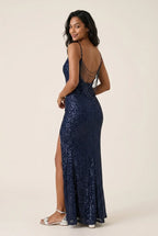 Navy Blue Sparkling Mermaid Spaghetti-Strap Beaded Slit Sequins Floor-Length Prom Dress