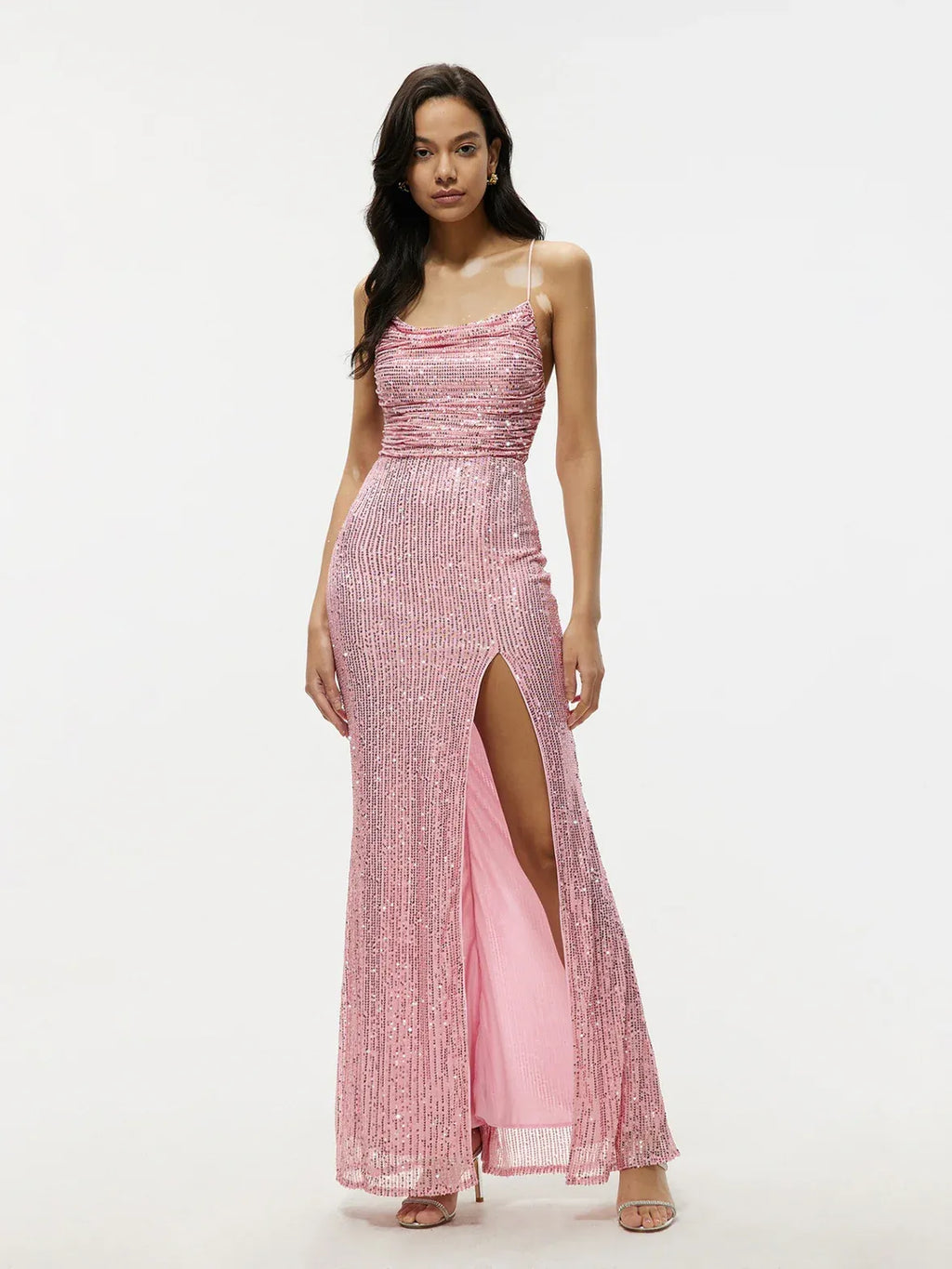 Pink Sparkling Mermaid Spaghetti-Strap Ruched Sequins Floor-Length Prom Dress
