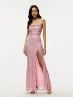 Pink Sparkling Mermaid Spaghetti-Strap Ruched Sequins Floor-Length Prom Dress