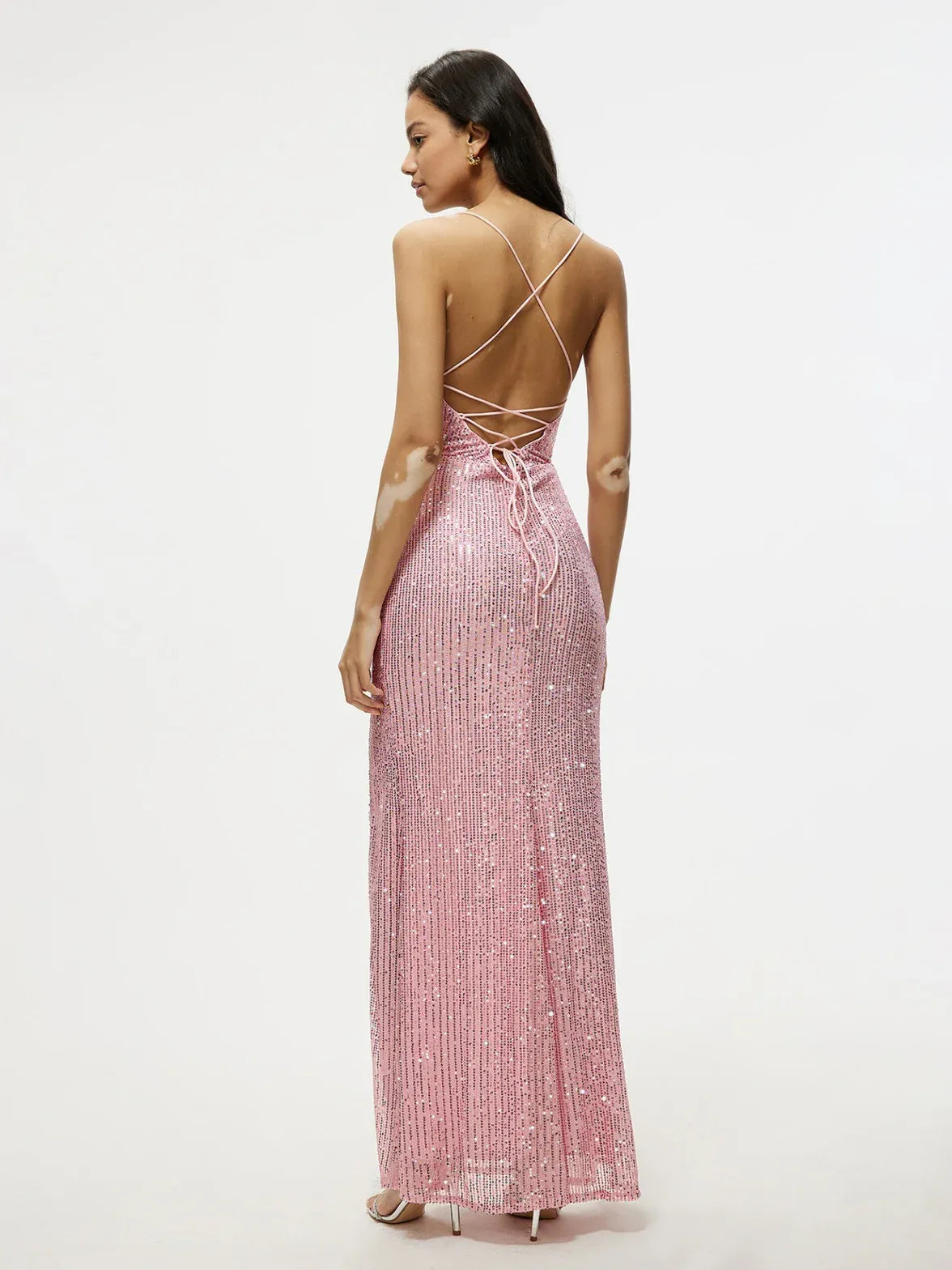 Pink Sparkling Mermaid Spaghetti-Strap Ruched Sequins Floor-Length Prom Dress
