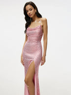 Pink Sparkling Mermaid Spaghetti-Strap Ruched Sequins Floor-Length Prom Dress