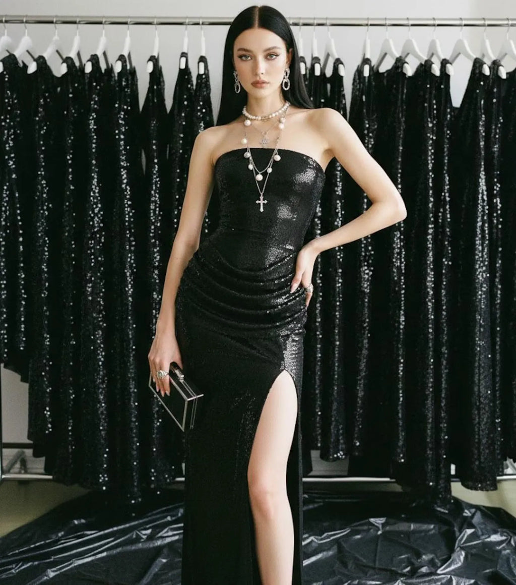 Mermaid Prom Dress Strapless Black Sequin With Slit Showstopping Sparkling Ankle Length Gown For Women