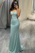 Mermaid Prom Dress With Beaded Lace Sequins Sparkling Blue V Neck And Train For Prom Night