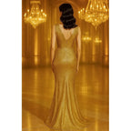 Sparkling Mermaid V-Neck Sleeveless Pleated Sequin Gold Floor Length Evening Dress